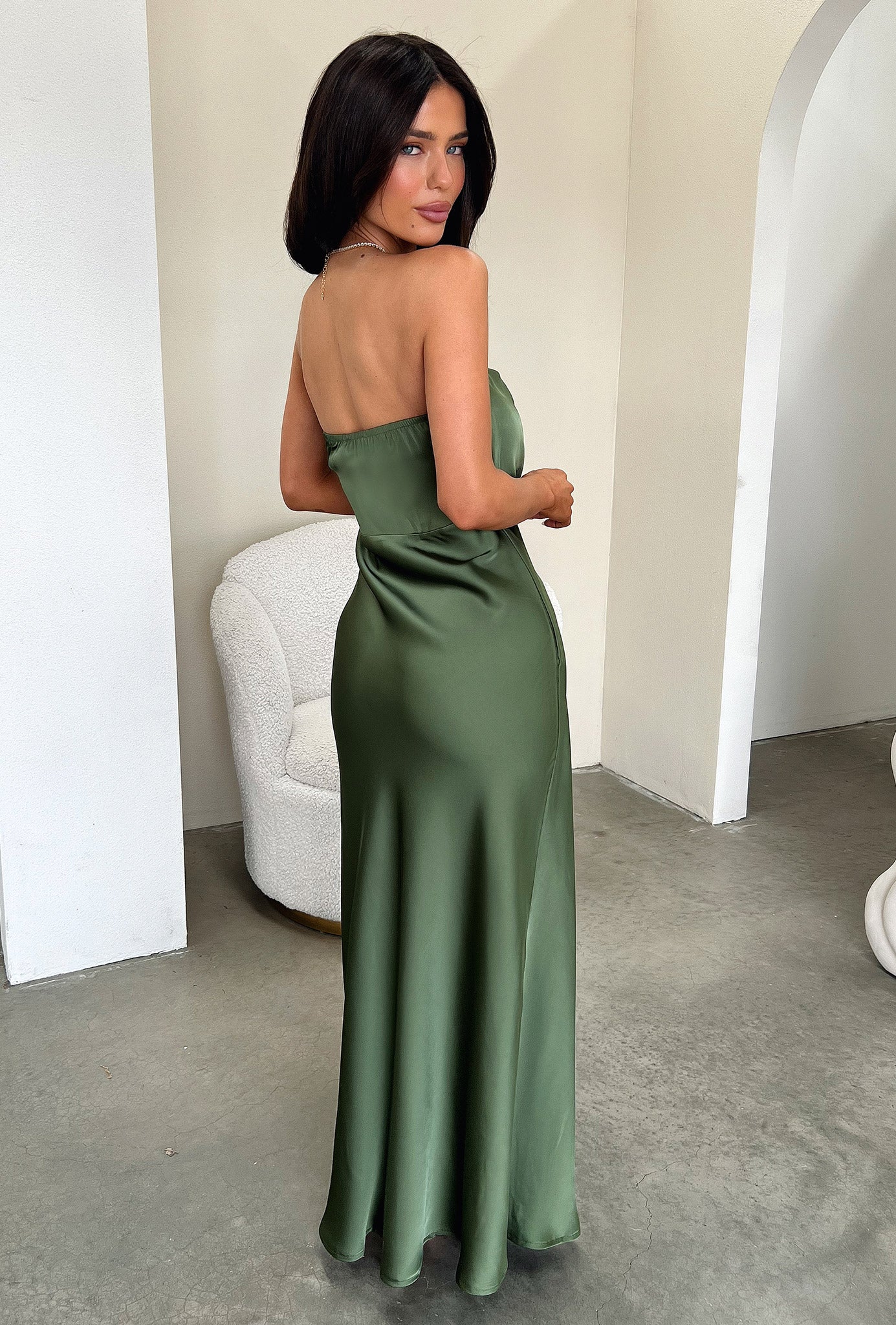 Elio Strapless Satin Maxi Dress - Olive