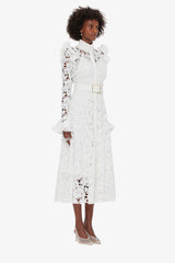 Aliyah Lace Butterfly Sleeve Midi Dress - Snow