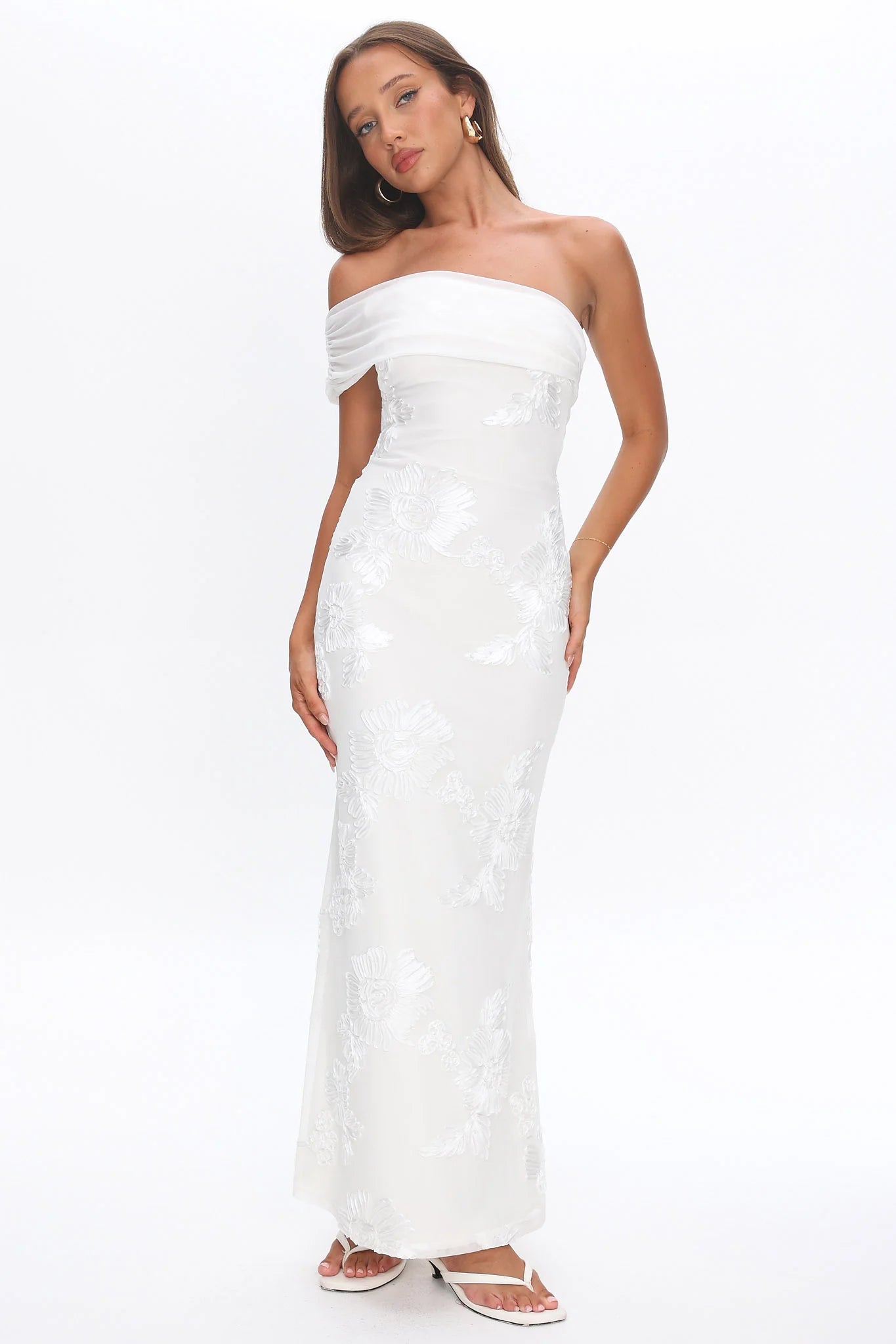 Gala One-Shoulder Maxi Dress Embellished White