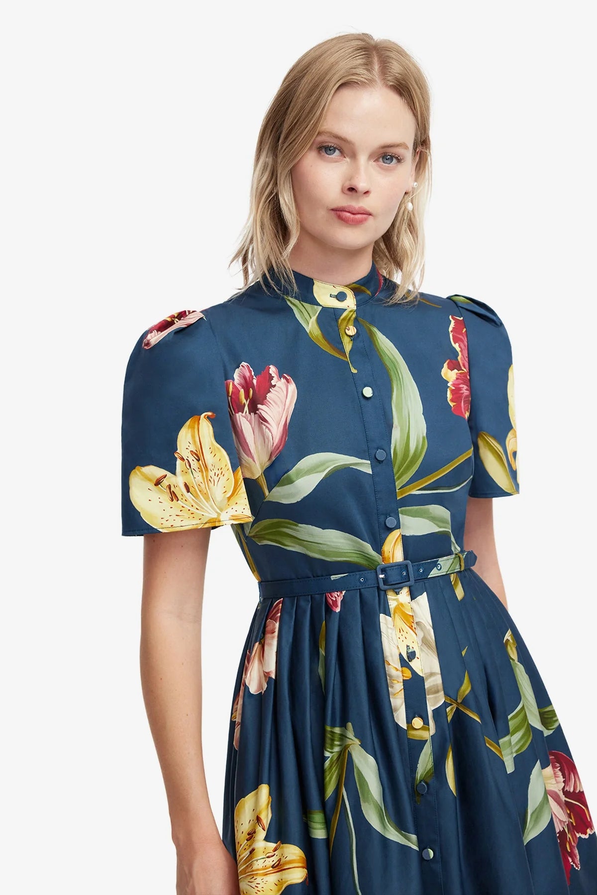 Bianca Short Sleeve Midi Dress - Lily Print in Indigo