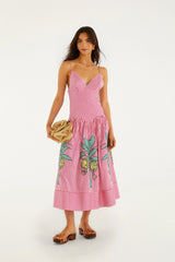 Pink Palm Tree Stripes Cutwork  Midi Dress