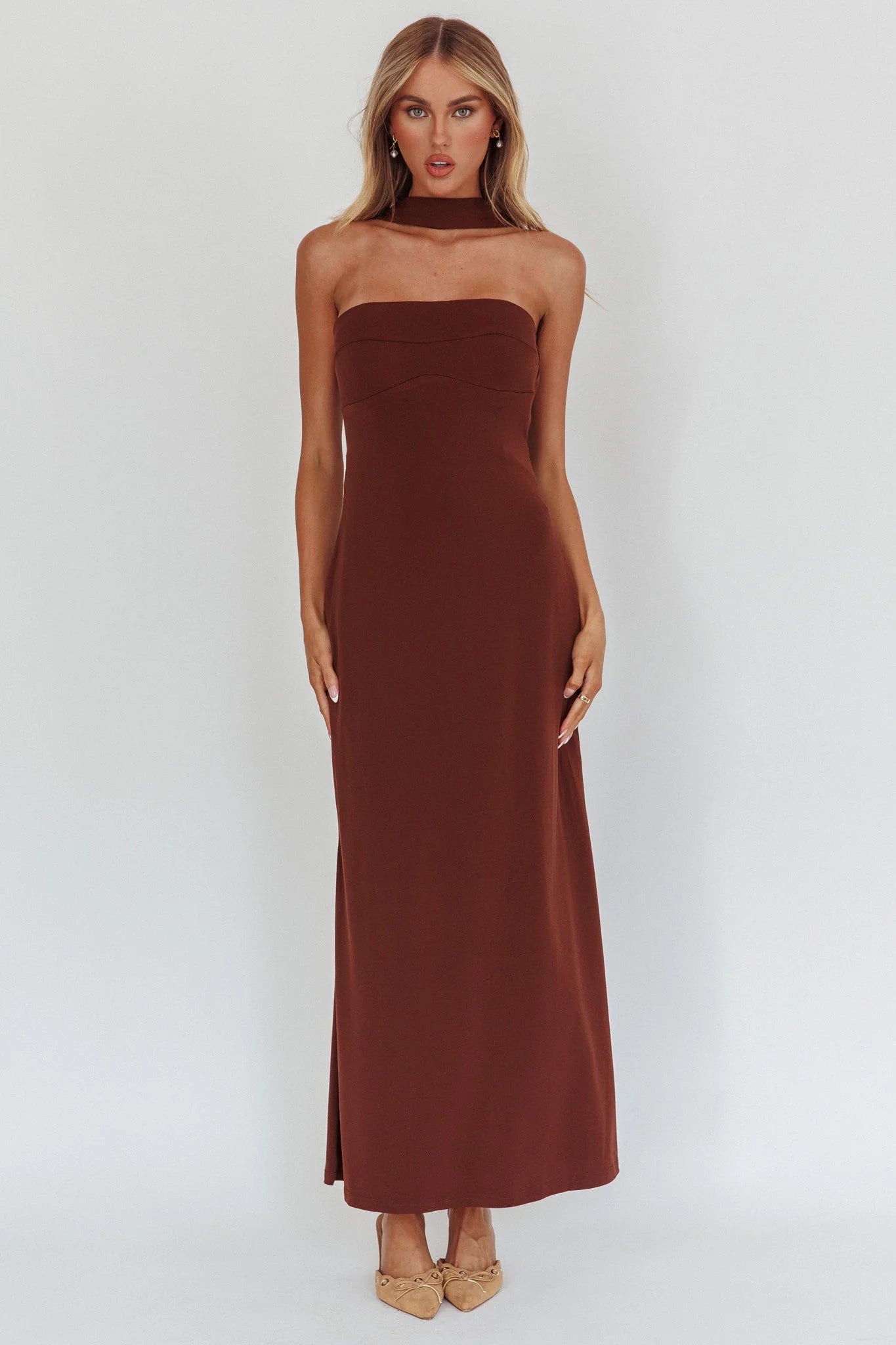 Damsel Reverse Halter Maxi Dress Chocolate