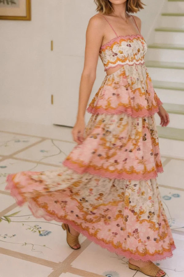 Daylight Unique Print Cutout Waist Back Lace-up Tiered Hem Maxi Dress