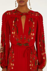 Red Berry Garden Long Sleeve Pleated Maxi Dress