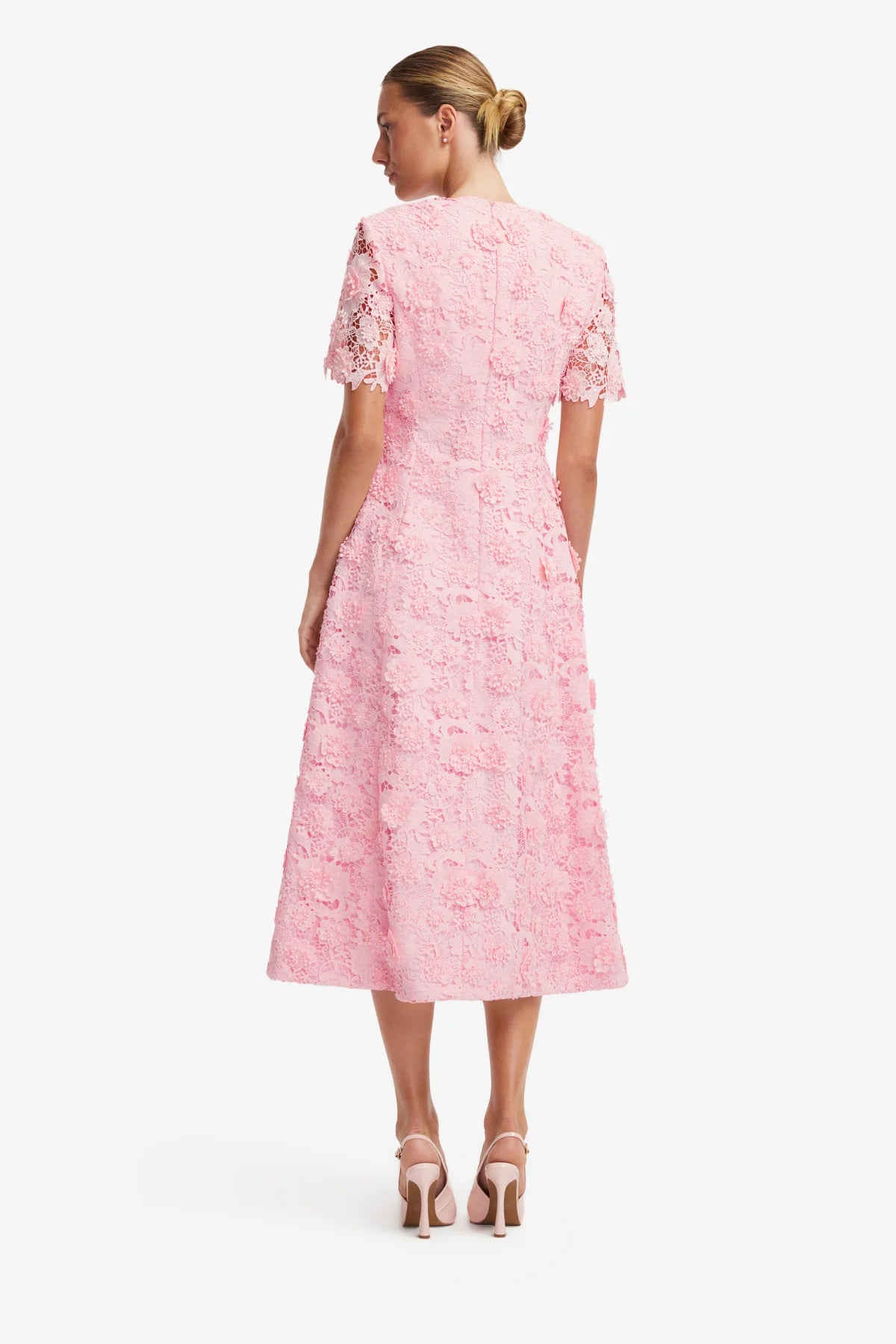 Caroline Lace Short Sleeves Midi Dress - Blush Pink