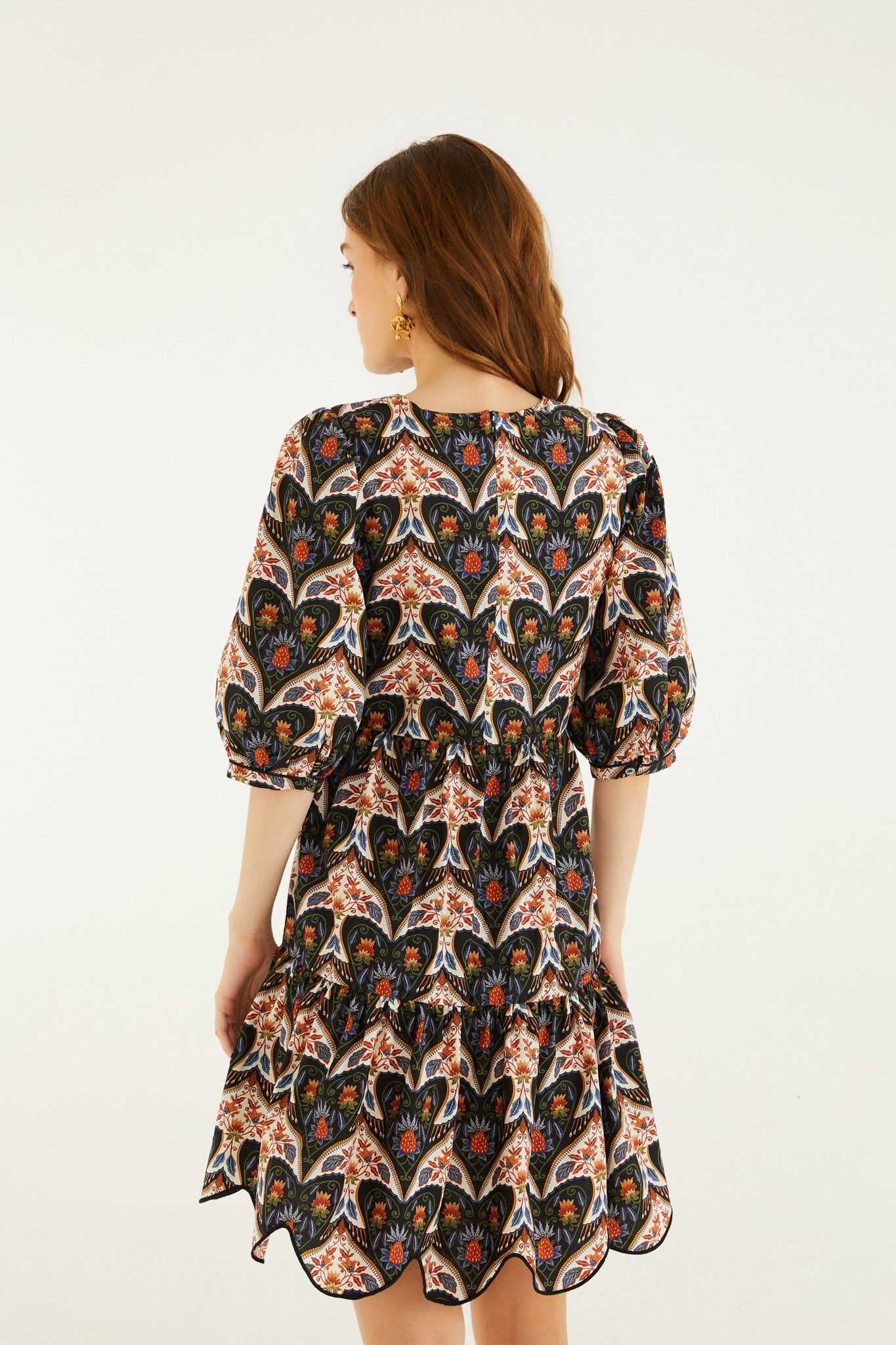 Black Porcelain Birds Puff Sleeve Mini Dress