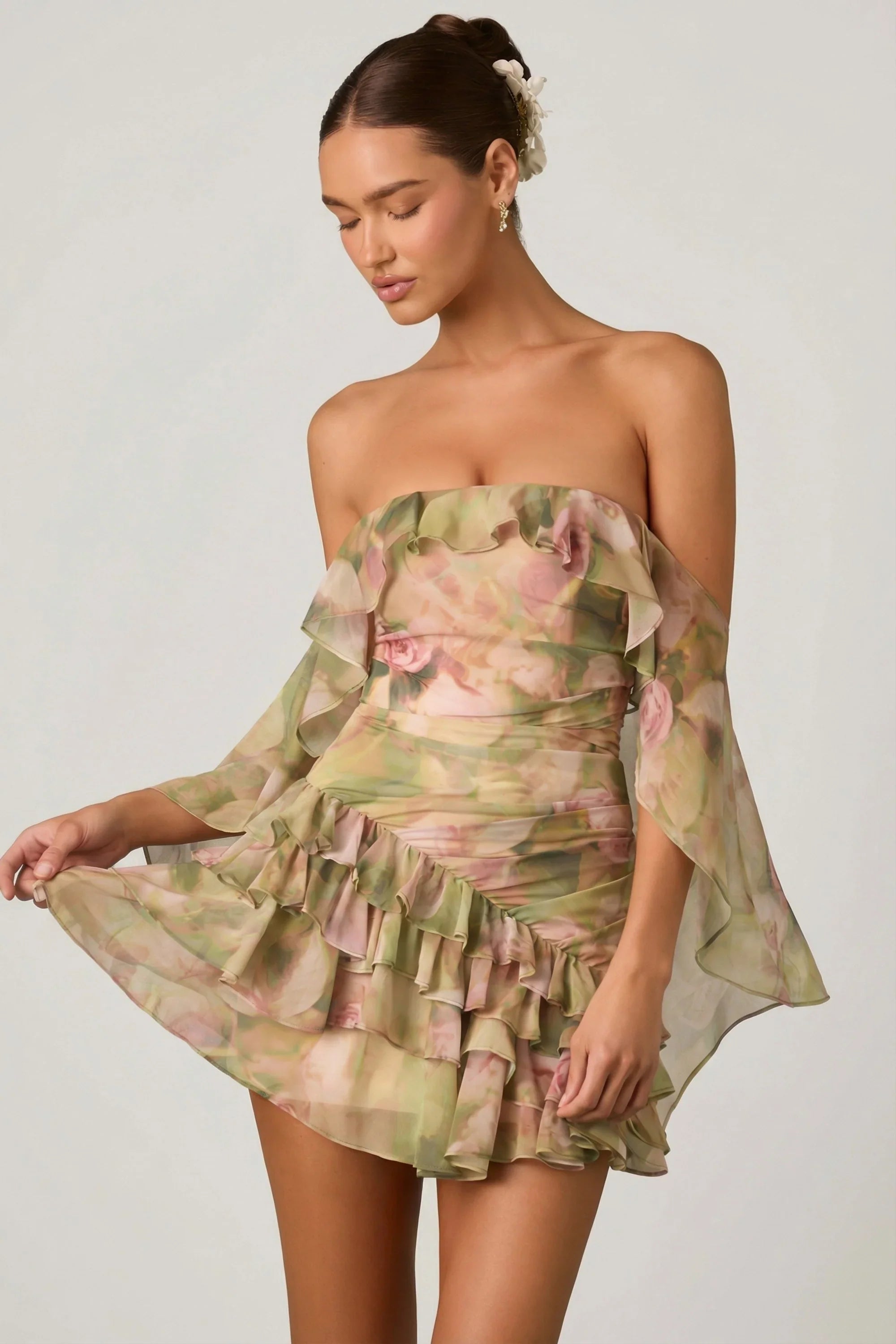 Off-Shoulder Ruffled Mini Dress in Floral Multi Print