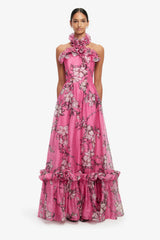 Isabelle Ruffled Halterneck Maxi Dress - Pink Magnolia Print