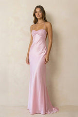 Halter Sheath Satin Maxi Dress With Sequins in Pink