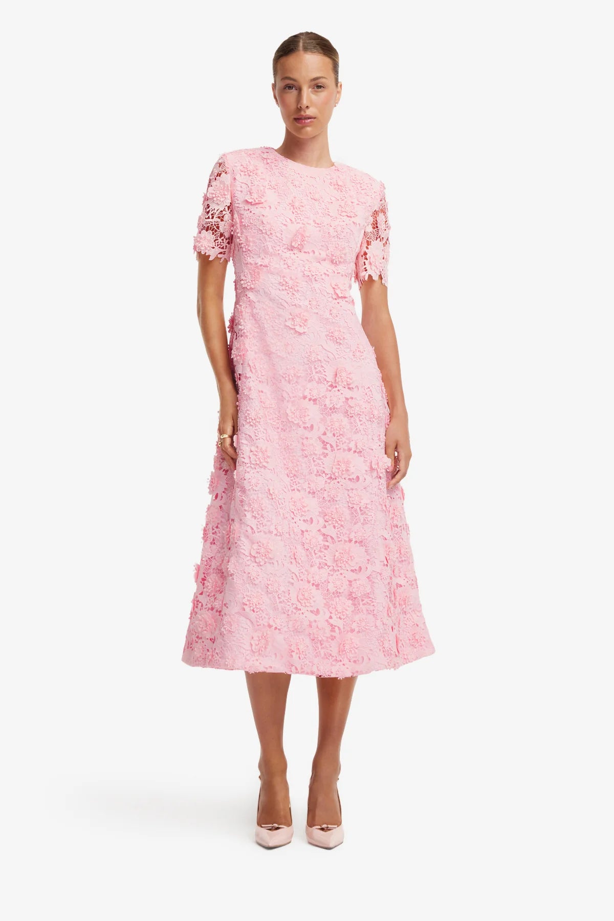 Caroline Lace Short Sleeves Midi Dress - Blush Pink