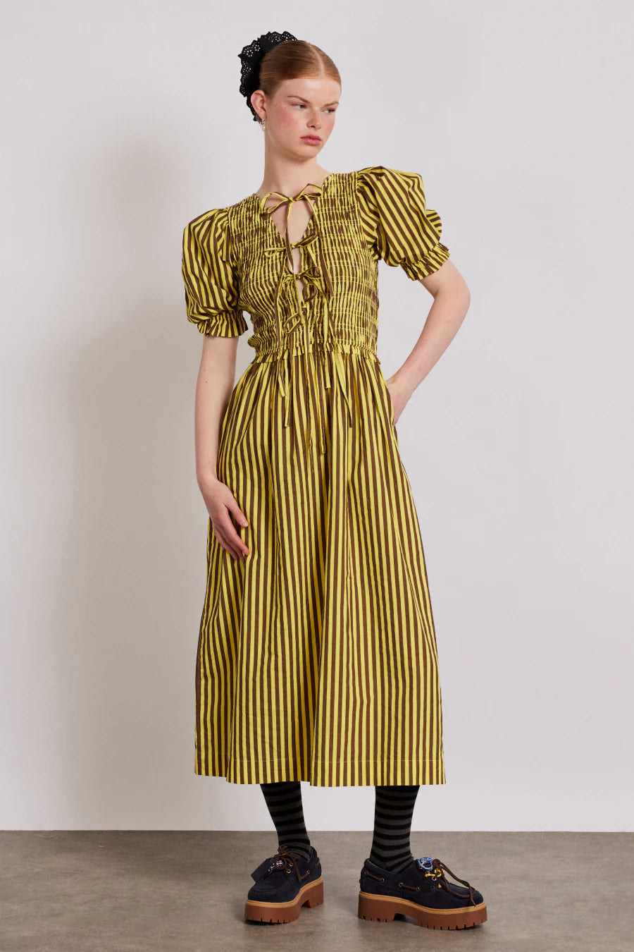 bluebelle midi dress - brown yellow stripe