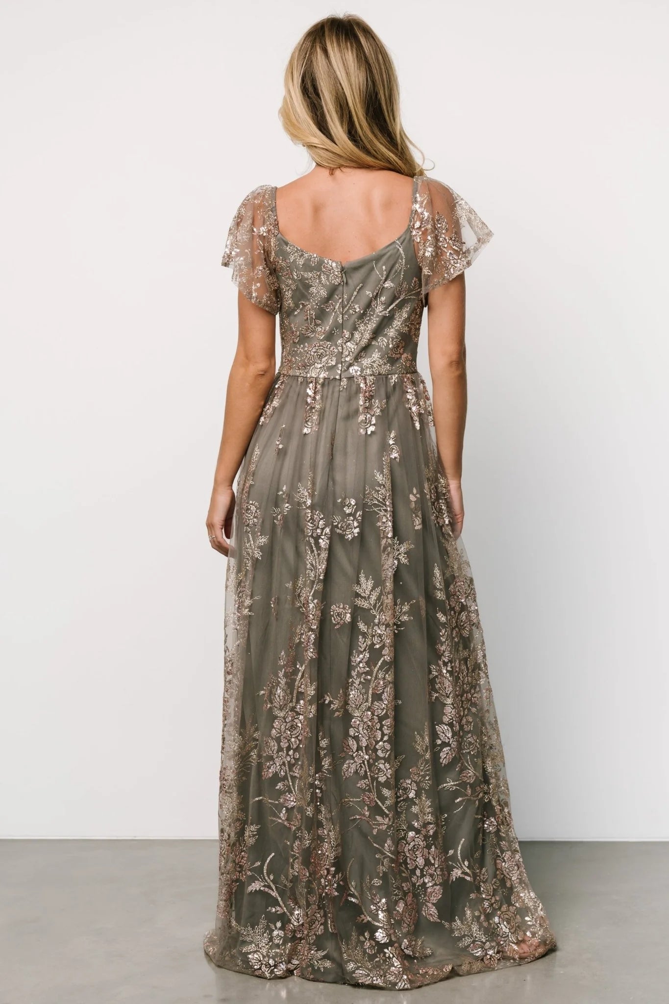Corinne Shimmer Maxi Gown | Dark Sage + Rose Gold