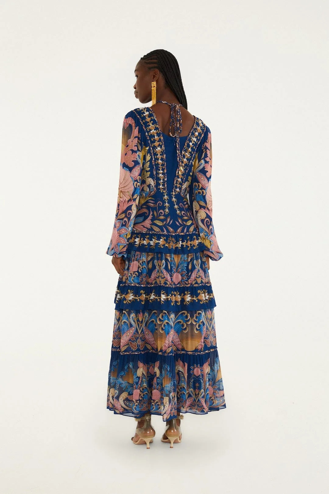 Navy Blue Sea Garden Braid Details Maxi Dress