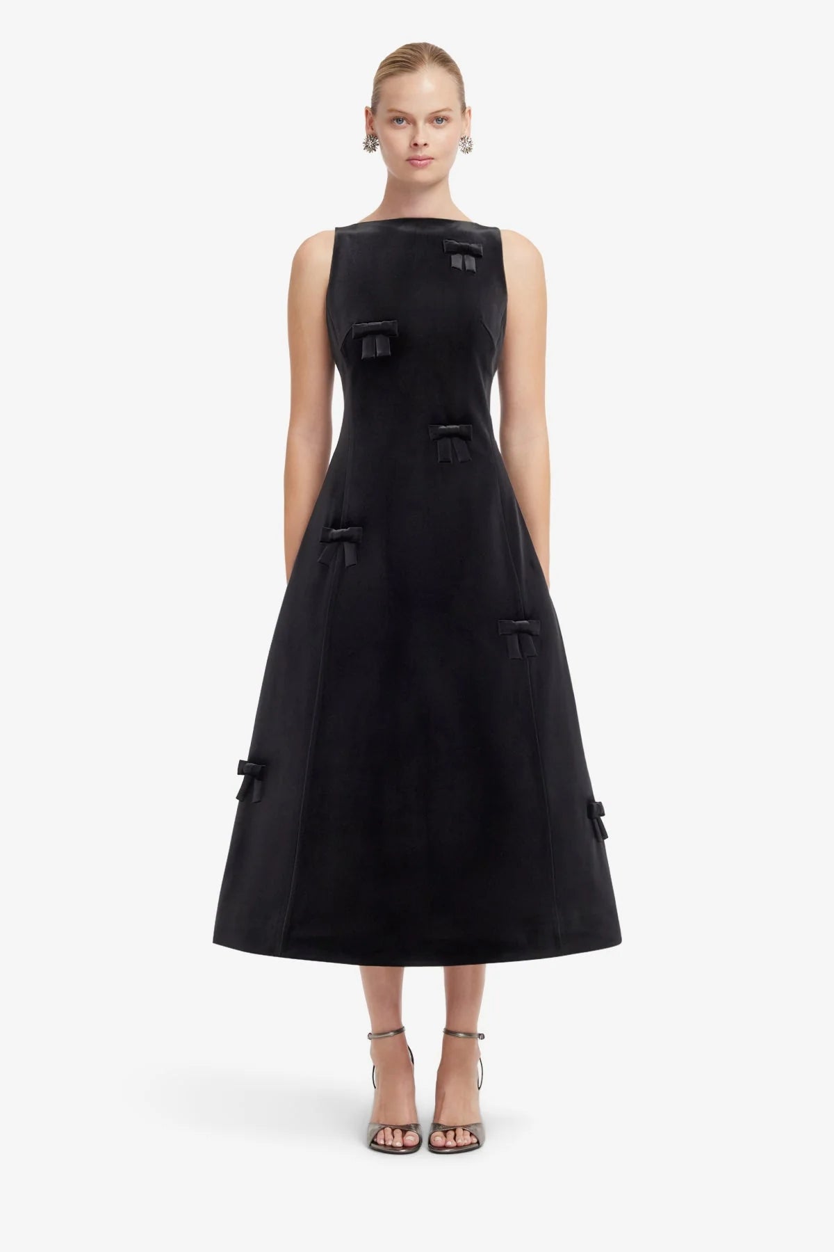 Cleo Velvet Bow Sleeveless Midi Dress - Ebony
