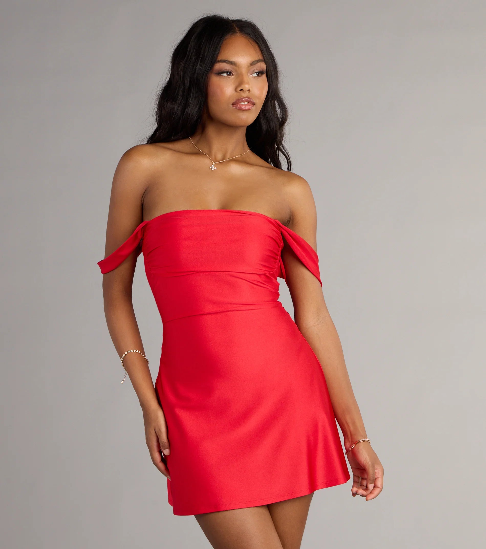 Classics Lover Off-The-Shoulder Satin A-Line Mini Dress