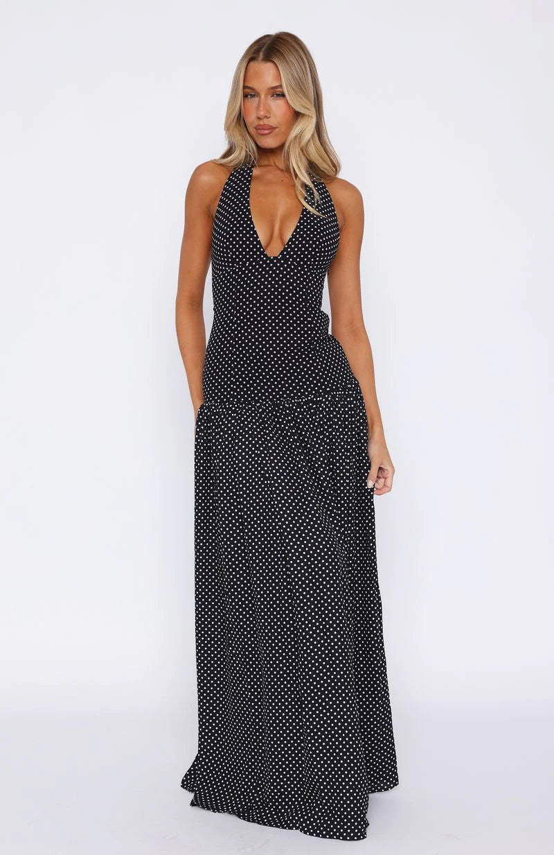 Sweet Temptation Halter Maxi Dress Black/ White Polka Dot