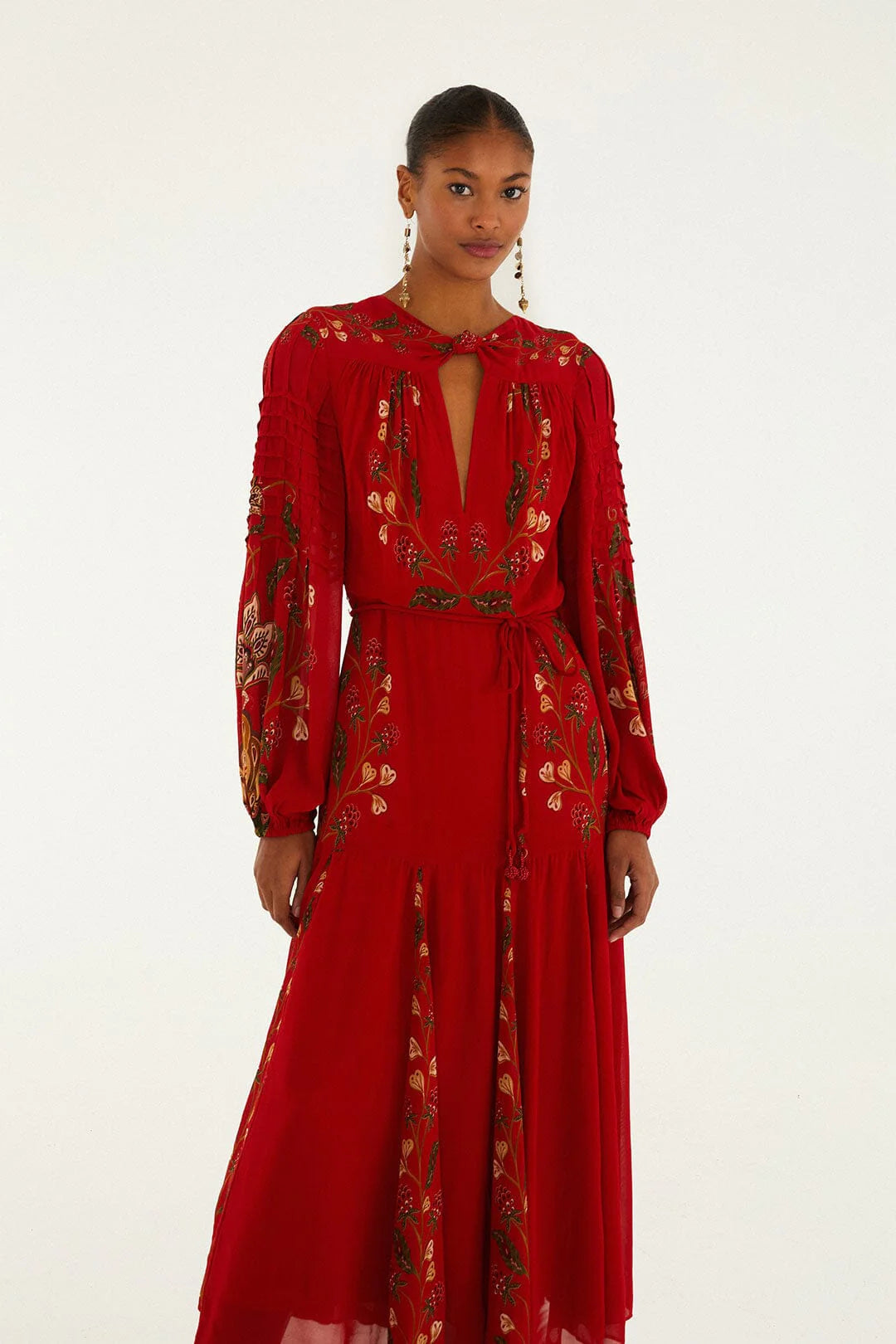 Red Berry Garden Long Sleeve Pleated Maxi Dress