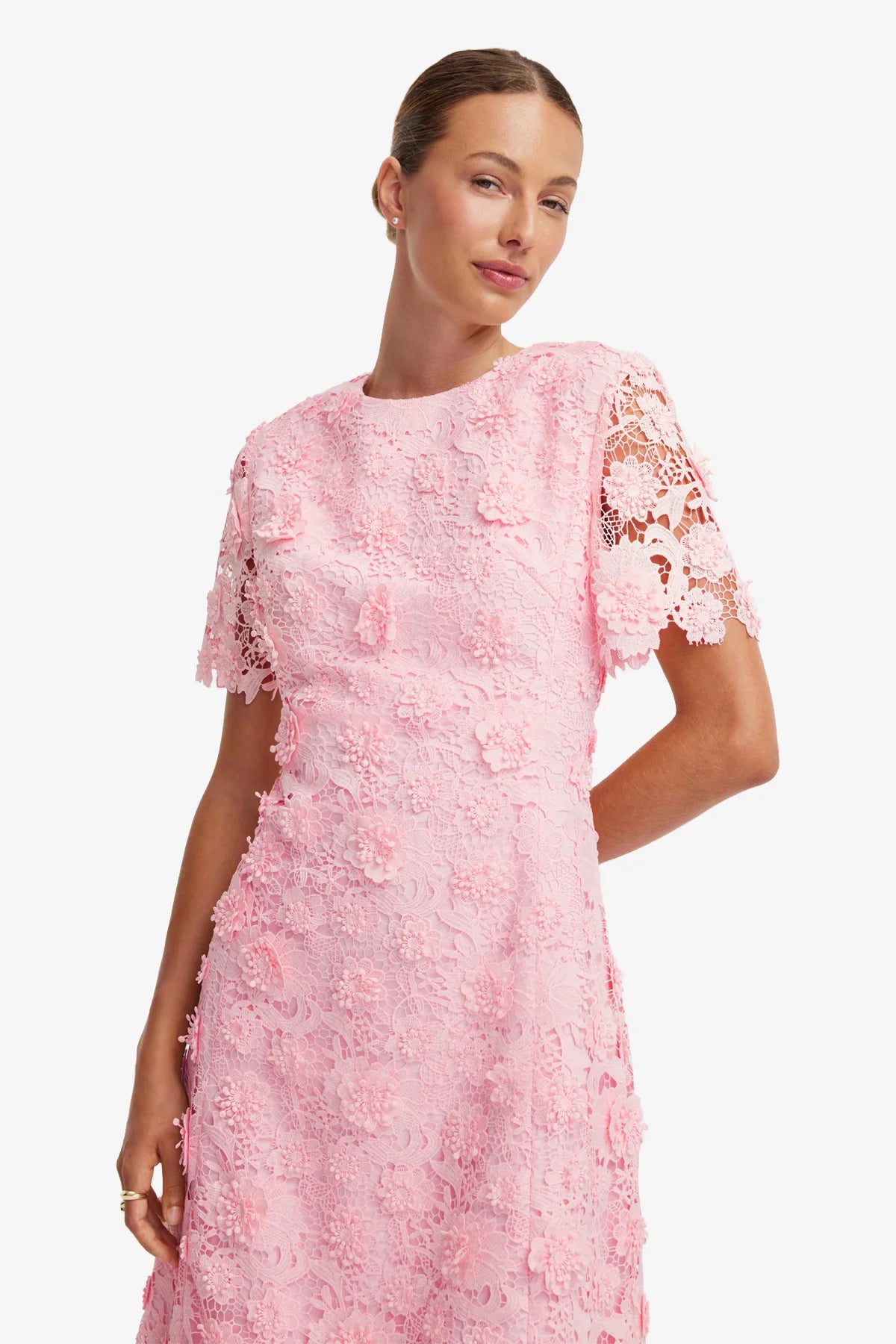 Caroline Lace Short Sleeves Midi Dress - Blush Pink