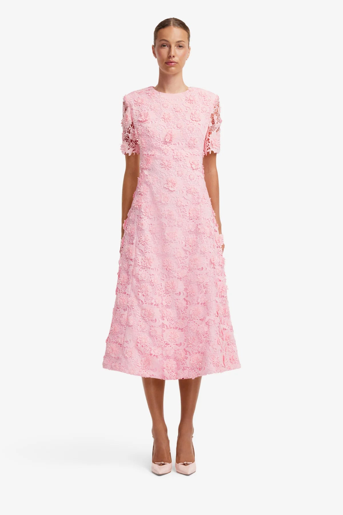 Caroline Lace Short Sleeves Midi Dress - Blush Pink