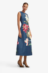 Cleo Embroidered Sleeveless Midi Dress - Lily Print in Indigo