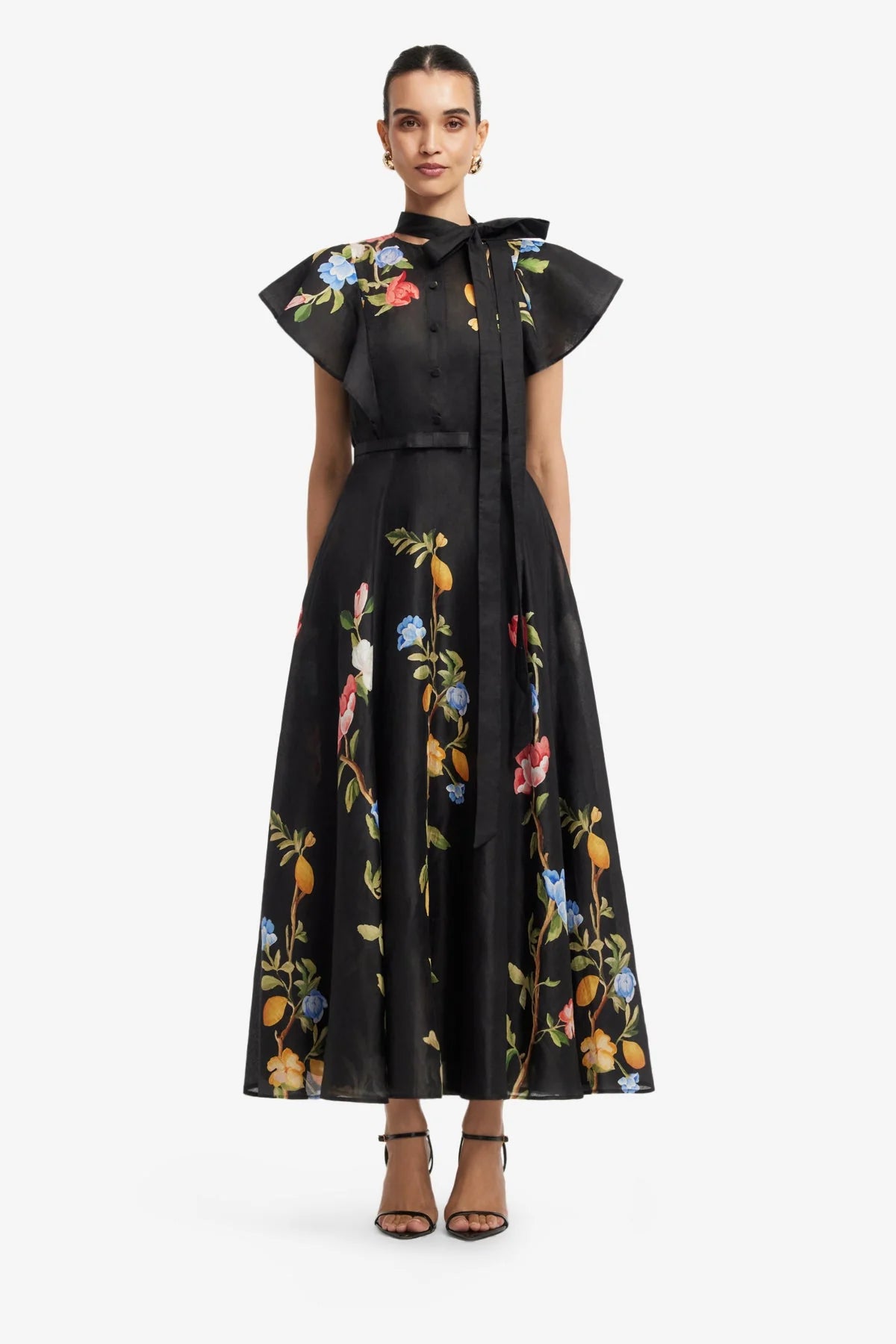 Elsie Flutter Sleeve Midi Dress - Lemon Vine Print in Ebony