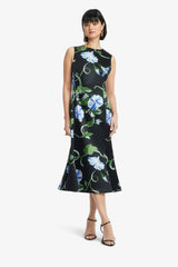 Olive Midi Dress - Vine Print in Ebony