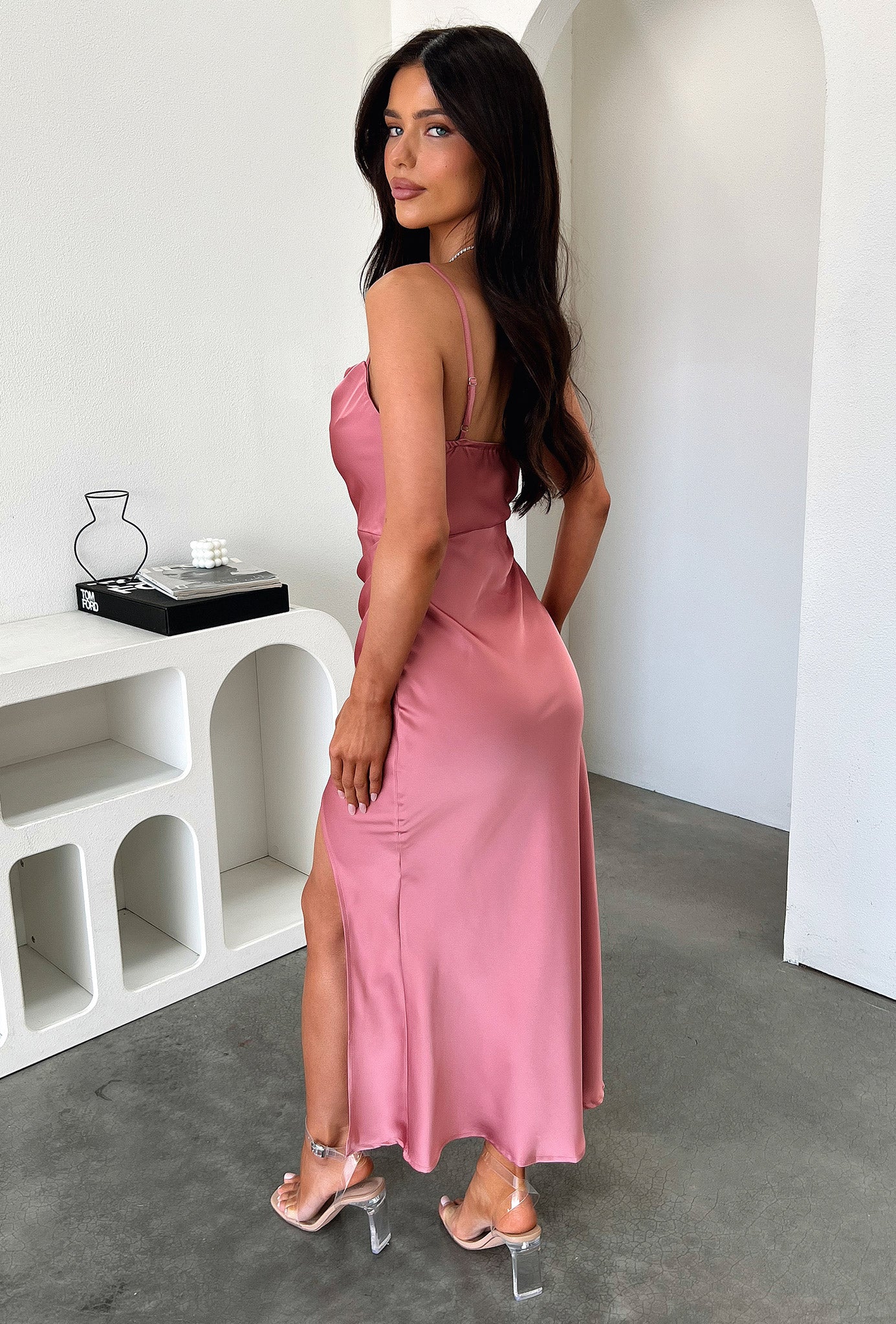 Evelyn Satin Cowl Neck Midi Dress - Rose