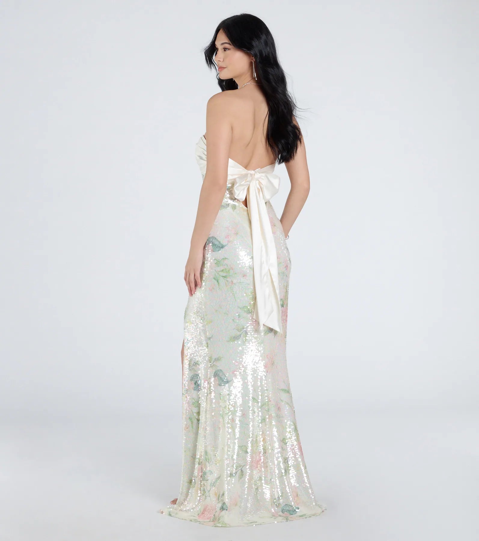 Angelina Satin Tie-Back Floral Sequin Formal Dress