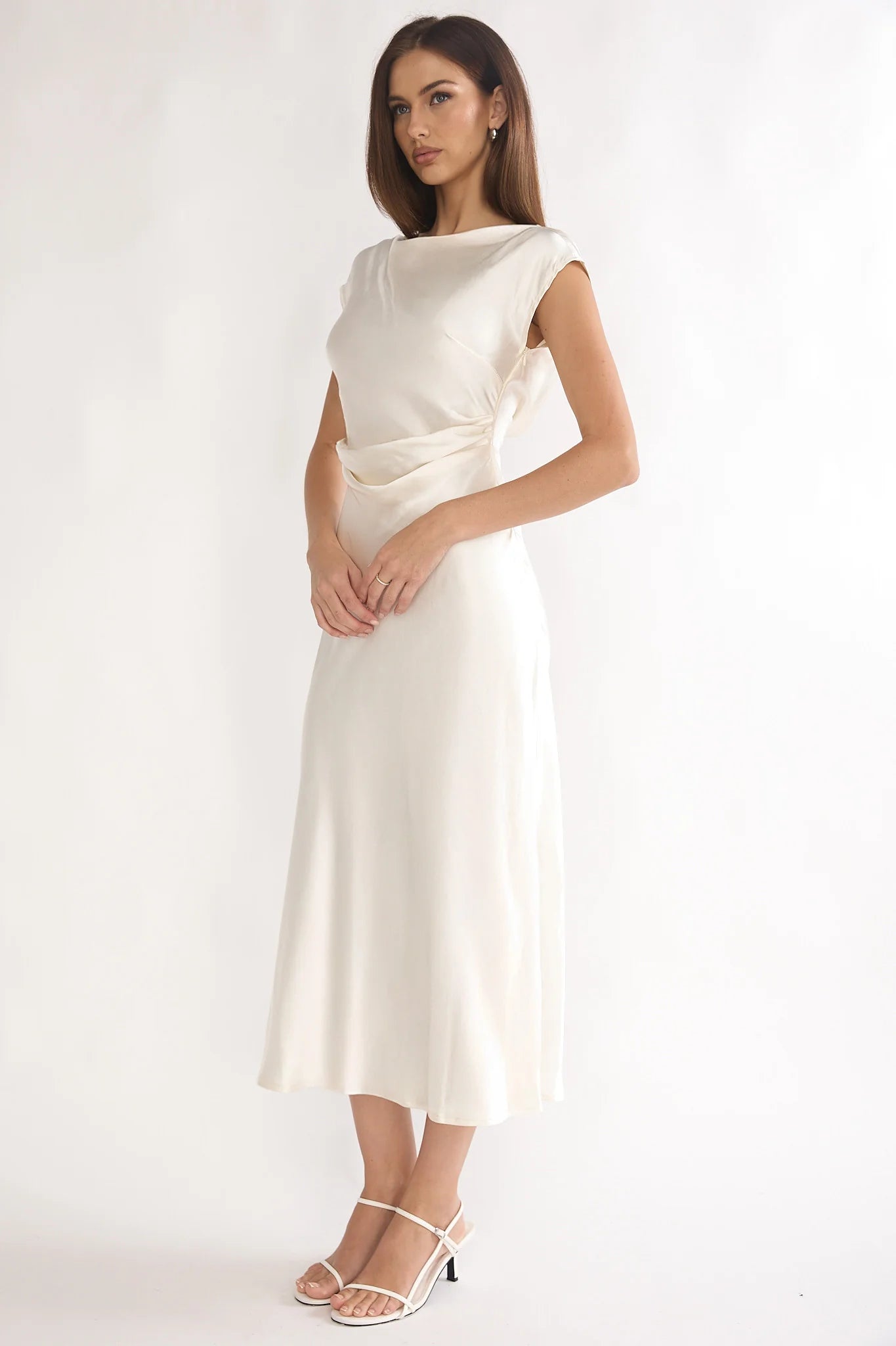 Loveland Pleat Cowl Back Midi Dress Oyster